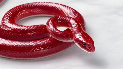 Fototapeta premium Detailed close-up of a vibrant red snake coiled and ready to strike, showcasing its intricate scaly texture and pattern.
