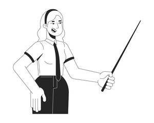 Smiling corporate woman giving presentation with pointer stick 2D line character. Blonde office worker, female presenter educator isolated vector ink outline person. Monochromatic spot illustration