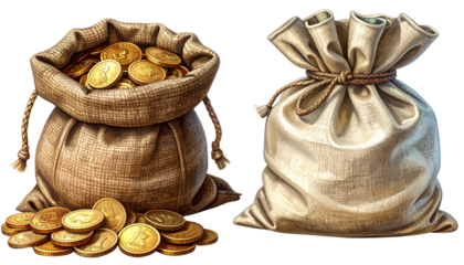  Full Money Pouch and Drawstring Cash Bag Illustration  isolated on transparent background