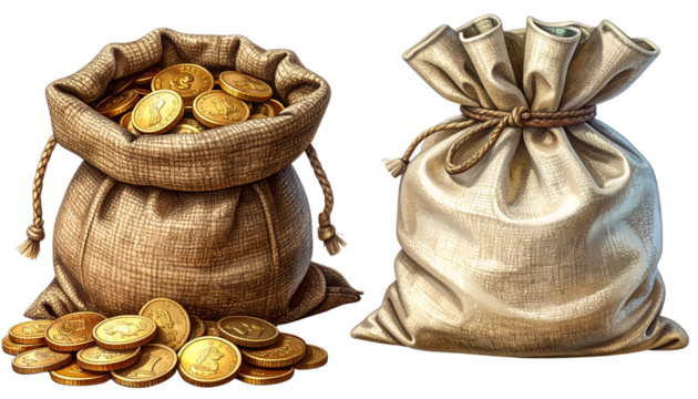  Full Money Pouch and Drawstring Cash Bag Illustration  isolated on transparent background