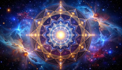 A vibrant illustration presents a central, ornate mandala radiating light against a cosmic nebula backdrop of swirling colors