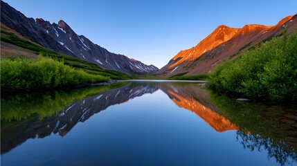 Breathtaking alpine landscape with a serene mountain lake, its still waters perfectly reflecting the rugged peaks and lush vegetation surrounding it