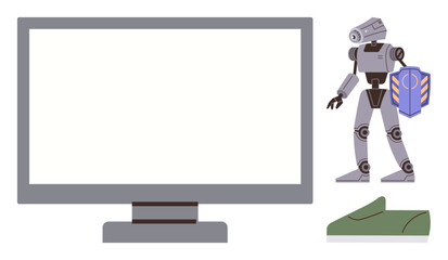 Humanoid robot holding a shield next to a blank monitor and shoe. Ideal for technology, robotics, artificial intelligence, defense, innovation, futuristic design, minimal concepts. Simple flat