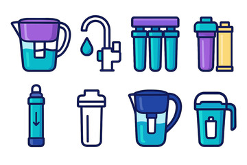 Modern Water Filter Icons. Basic Water Filters in modern flat vector : classic water filter pitcher, water filter with faucet, under-sink water filter