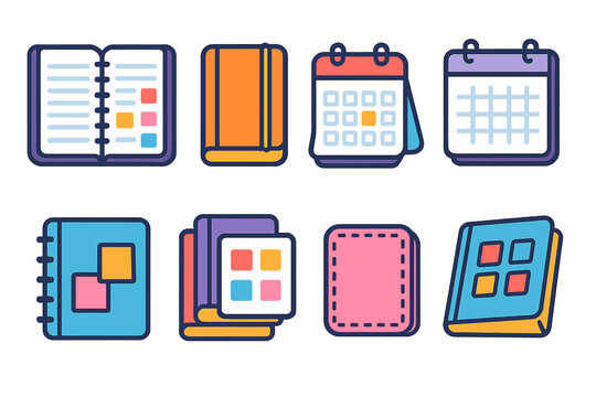 Minimalist Planner Icons. Planner Variations in modern flat vector : open planner, closed planner, desk calendar, wall calendar, planner with sticky