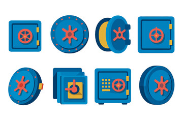 Vault Door Icons. Vault Variations in modern flat vector : small vault door, large vault door, open vault door, closed vault door, tilted vault door,