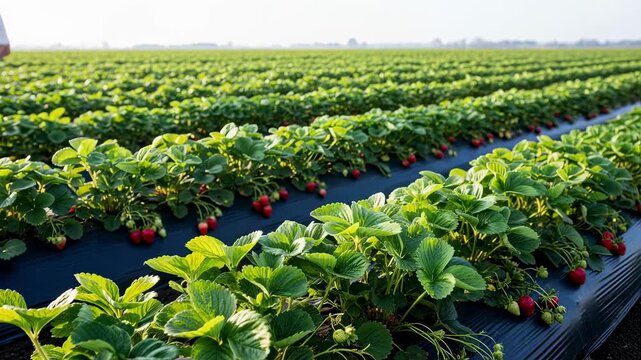 Dynamic medium shot of a grid pattern strawberry field emphasizing systematic spacing and uniform plant distribution for healthy development.