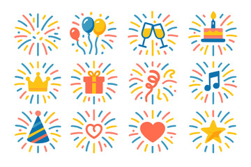 Festive Fireworks Icons. Celebration Digital Fireworks in modern flat vector : fireworks with confetti, fireworks with balloons, fireworks with