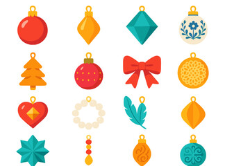 Vibrant Ornaments Collection. Decorative Ornaments in modern flat vector : glass ornament, metallic ornament, crystal ornament, porcelain ornament,
