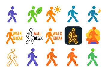 Varied Walk Break Icons. Walk Break Basics in modern flat vector : simple walking figure, walking with leaf, walking with sun, walking with moon, bold