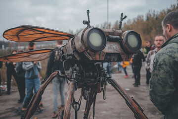 A large, rusted, drone-like machine with insect wings and dual front lights, displayed outdoors with a crowd of people observing.