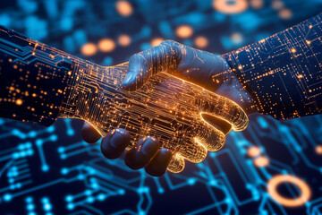Two digital, glowing hands shake over a circuit board background, symbolizing technology and digital connection.