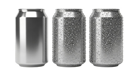 Three silver aluminum cans, one clean and two covered in condensation, are displayed on a transparent background