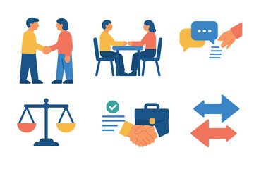 Obraz premium Flat Vector Negotiation Icons. Basic Negotiation in modern flat vector : two people shaking hands, two people sitting at table, two speech bubbles,
