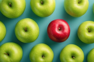 One red apple stands out among nine green apples arranged on a teal background, highlighting color contrast and variety.