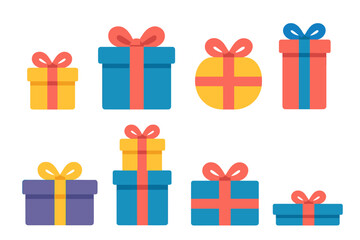 Vibrant Gift Icons. Gift Variations in modern flat vector : small gift box, large gift box, square gift box, round gift box, tall gift box, wide gift
