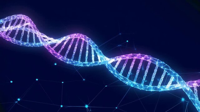 Abstract dna double helix structure with glowing blue and purple lights, representing science, genetics, and technological advancement
