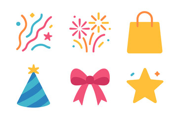 Colorful Festival Icons. Festival Vibes in modern flat vector : confetti, fireworks, shopping bag, party hat, gift ribbon, celebration star.