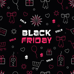 Seamless Black Friday Shopping Design with Gifts, Balloons and Tags
