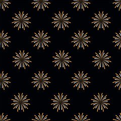 Explosions of colorful golden fireworks on a black background. Seamless vector festive pattern.