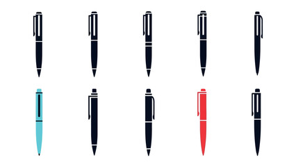 Fototapeta premium Pens in Array: Various pens are neatly arranged, a minimalist image suitable for office or creative concepts, showcasing essential writing implements. 