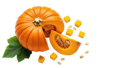 A whole pumpkin with a slice cut out, revealing its seeds and flesh, surrounded by diced pumpkin cubes and leaves, on a transparent background