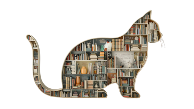 Bookshelf in the shape of cat creative furniture wooden storage rack unique home interior decor animal design isolated on white background