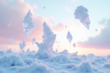 surreal winter landscape with floating ice crystals in pastel sky at sunrise. magical, dreamlike scene with soft snow. fantasy background, banner, cover.