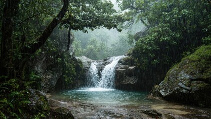 Fototapeta premium Lush rainforest waterfall in misty rain