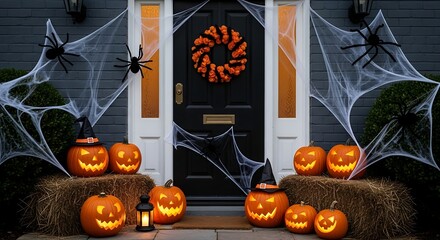 Spooky halloween decorations adorn a house entrance with pumpkins and spider webs