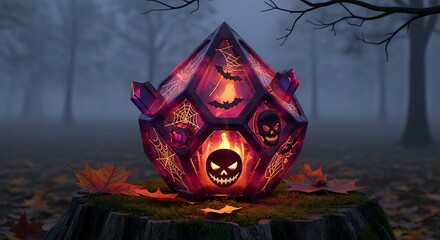 Halloween crystal orb with bats and skulls glows on a tree stump in the forest