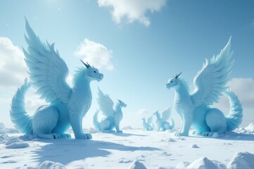 majestic ice dragons with large wings in vast, snowy landscape under bright blue sky. mythical creatures in frozen, arctic world. fantasy, mythology, and winter magic concept. background, book cover.