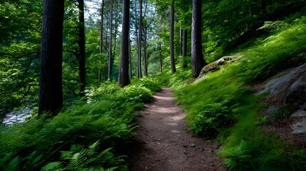Fototapeta premium A serene, winding forest trail passing through a lush, green landscape filled with tall trees, mossy rocks, and abundant ferns and undergrowth.