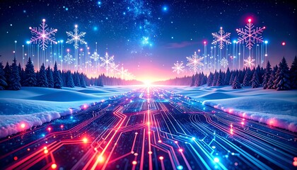 Snowy road, glowing with circuits, festive snowflakes