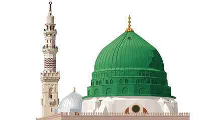 The prophets mosque in medina, saudi arabia, featuring its iconic green dome and a tall, slender minaret against a transparent background