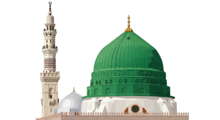 The prophets mosque in medina, saudi arabia, featuring its iconic green dome and a tall, slender minaret against a transparent background
