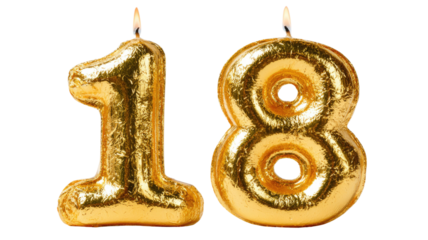 Birthday gold candle in the shape of number 18 metallic party decoration anniversary celebration shiny wax decor isolated on white background