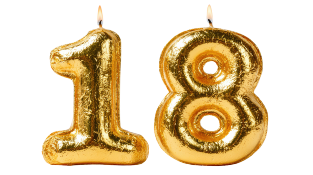 Birthday gold candle in the shape of number 18 metallic party decoration anniversary celebration shiny wax decor isolated on white background - Powered by Adobe