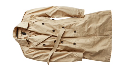 Vector illustration of a beige trench coat laid flat, isolated on a transparent background, showcasing its classic design with doublebreasted buttons and a belted waist