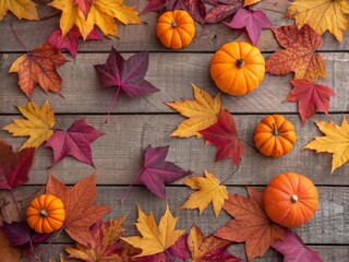 Fototapeta premium Creative autumn Halloween layout with various leaves and pumkins on dark wooden backgound. Flat lay