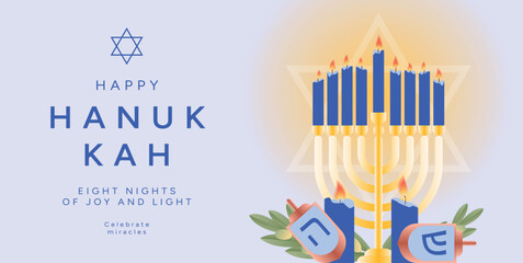Happy Hanukkah greeting card with golden Menorah, blue candles, dreidels and olive branches. Bright blue background with large Star of David glowing behind festive holiday design. Vector illustration
