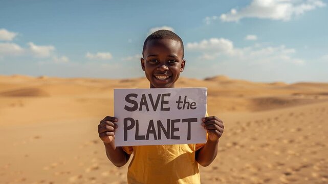 Bambino di origini africane in un deserto tiene in mano un cartello con la scritta Save the Planet