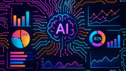 A vibrant digital illustration of AI concepts featuring charts, graphs, and a brain symbol, showcasing advanced technological insights. - Powered by Adobe