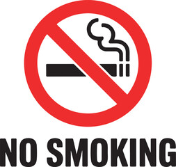 Red prohibition symbol with cigarette and smoke graphic and bold black text no smoking red circle