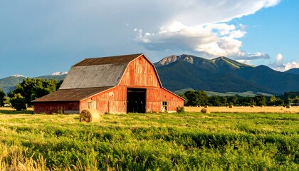 Obraz premium Red barn in a field, mountains in the background