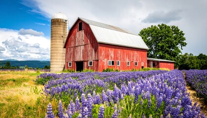 Red barn in a field of lupines