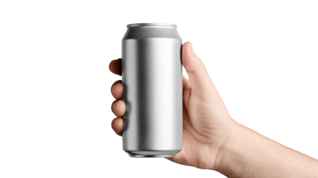 Hand holding plain silver aluminum beverage can blank metallic drink container packaging refreshment soda beer mockup isolated on white background - Powered by Adobe