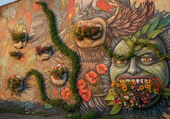 A vibrant mural on a brick wall featuring a mythical creature and floral elements, with plants integrated into the artwork