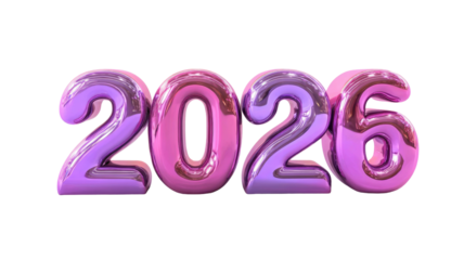 3d chrome 2026 numbers on gradient neon purple pink background futuristic metallic typography shiny digital design isolated on white background