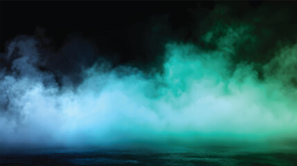 Colorful smoke in shades of green and blue swirling against a dark background